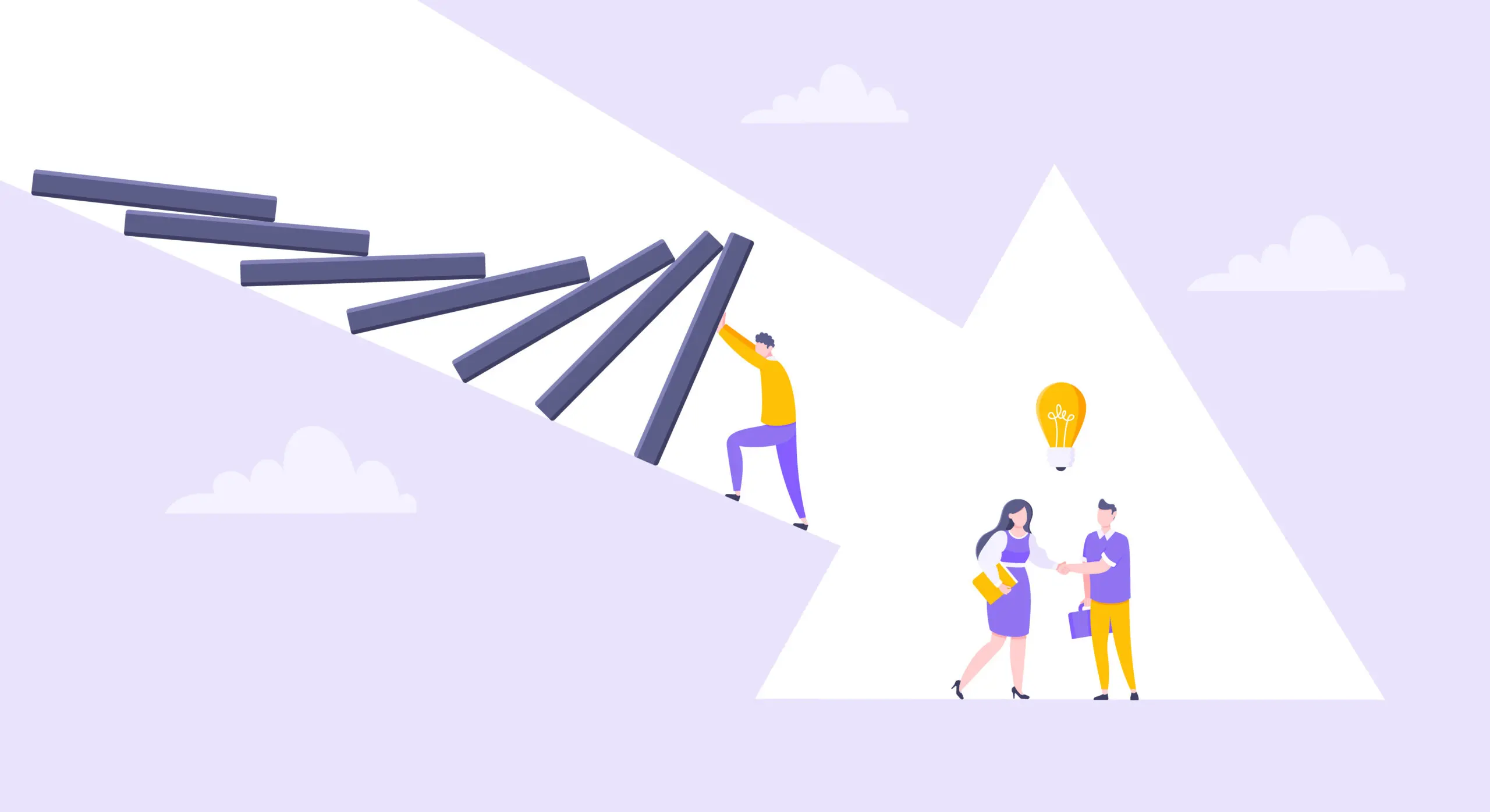 Domino effect or business resilience metaphor vector illustration. Adult young man pushing falling domino line and business people shaking hands concept of problem solving.