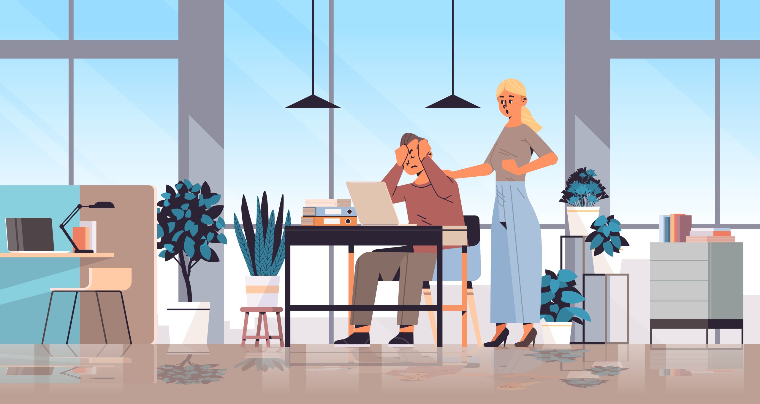 furious coworkers having fight crisis couple shouting problems in relationships generation Z lifestyle concept new modern demography trend with progressive youth gen horizontal vector illustration